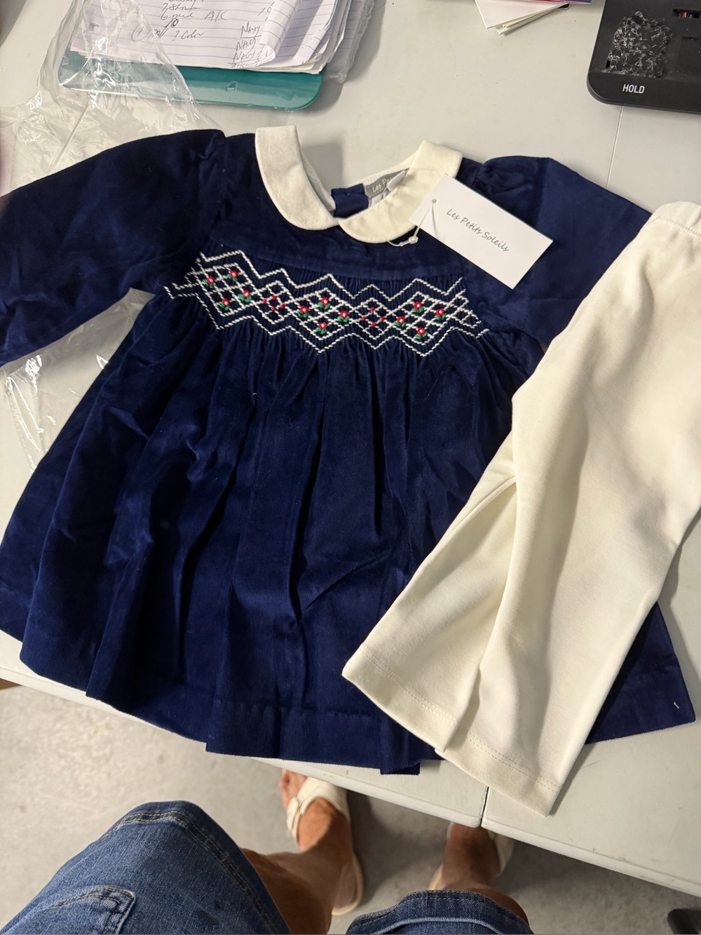Smocked girls size 12 month navy blue top and white leggings new with tags